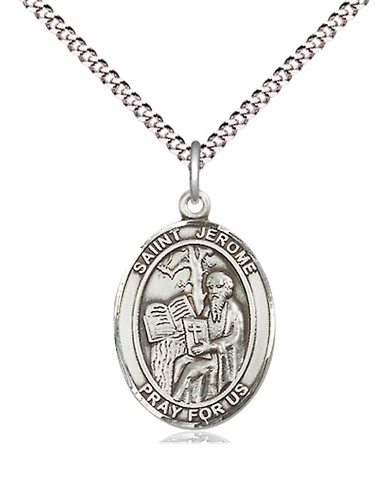 Women's Pewter Oval St. Jerome Medal - 18" Rhodium Plated Medium Chain + Clasp