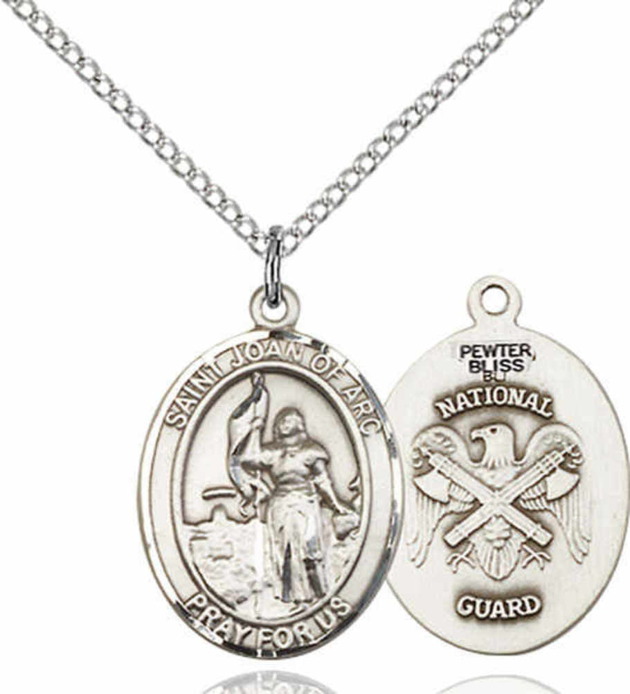 Women's Pewter Oval St. Joan of Arc National Guard Medal - 18" Rhodium Plated Medium Chain + Clasp