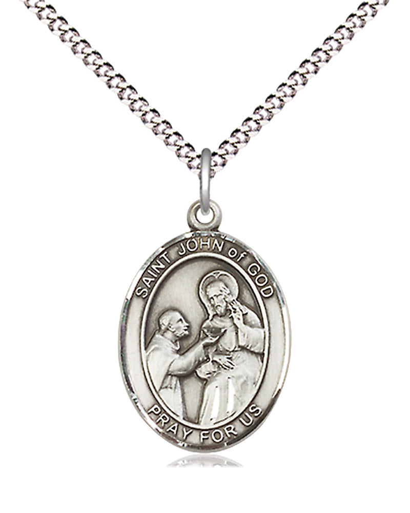 Women's Pewter Oval St. John of God Medal - 18" Rhodium Plated Medium Chain + Clasp