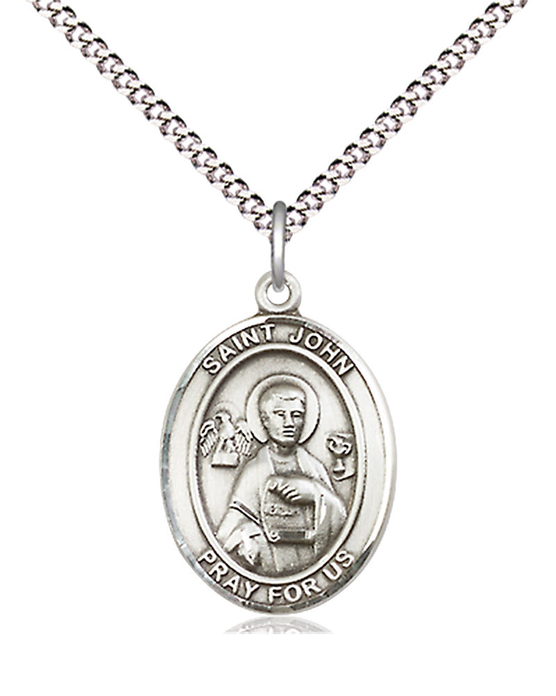 Women's Pewter Oval St. John the Apostle Medal - 18" Rhodium Plated Medium Chain + Clasp