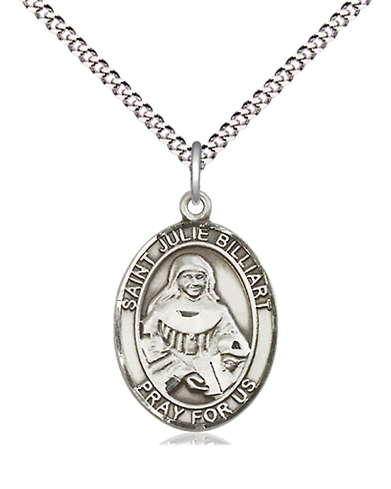 Women's Pewter Oval St. Julie Billiart Medal - 18" Rhodium Plated Medium Chain + Clasp