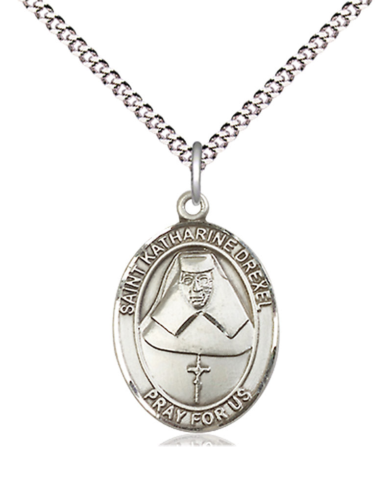 Women's Pewter Oval St. Katharine Drexel Medal - 18" Rhodium Plated Medium Chain + Clasp