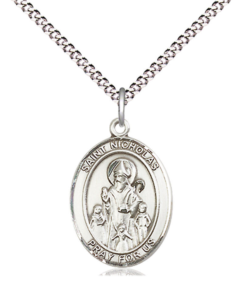 Women's Pewter Oval St. Nicholas Medal - 18" Rhodium Plated Medium Chain + Clasp