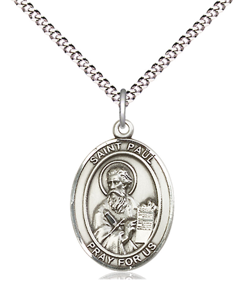 Women's Pewter Oval St. Paul the Apostle Medal - 18" Rhodium Plated Medium Chain + Clasp