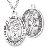 Women's Sterling Silver Saint Christopher Soccer Oval Necklace - 18" 1.8mm Sterling Silver Chain + Clasp