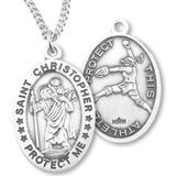 Women's Sterling Silver Saint Christopher Softball Oval Necklace - 18" 1.8mm Sterling Silver Chain + Clasp