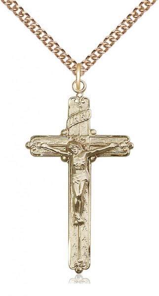 14k Gold Filled Crucifix Pendant - 24&quot; 1.7mm Gold Filled Curb Chain with Clasp