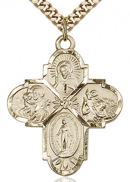4 Way Cross Pendant, Gold Filled - 24&quot; 2.4mm Gold Plated Chain + Clasp