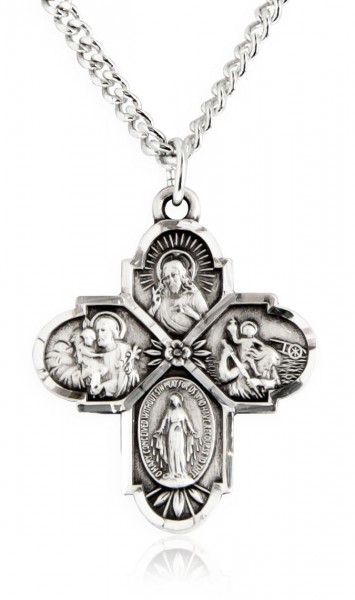 4 Way Cross Pendant, Sterling Silver - 24&quot; 2.2mm Sterling Silver Chain + Clasp
