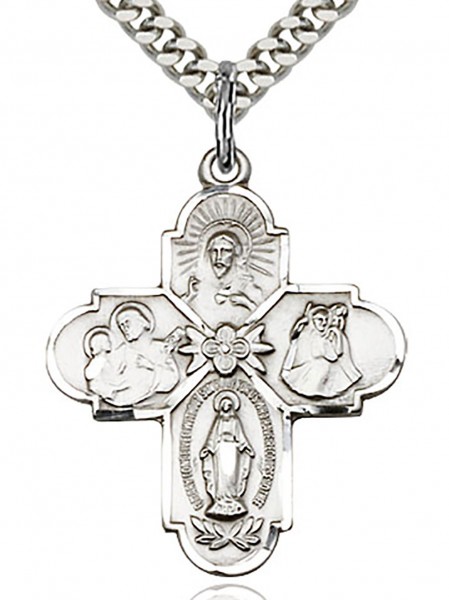 4 Way Cross Pendant, Sterling Silver - 24&quot; 2.4mm Rhodium Plate Endless Chain