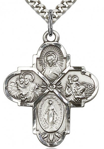 4 Way Cross Pendant, Sterling Silver - 24&quot; 2.4mm Rhodium Plate Chain + Clasp