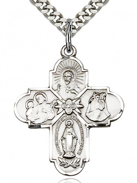 4 Way Cross Pendant, Sterling Silver - 24&rdquo; 1.7mm Sterling Silver Chain &amp; Clasp