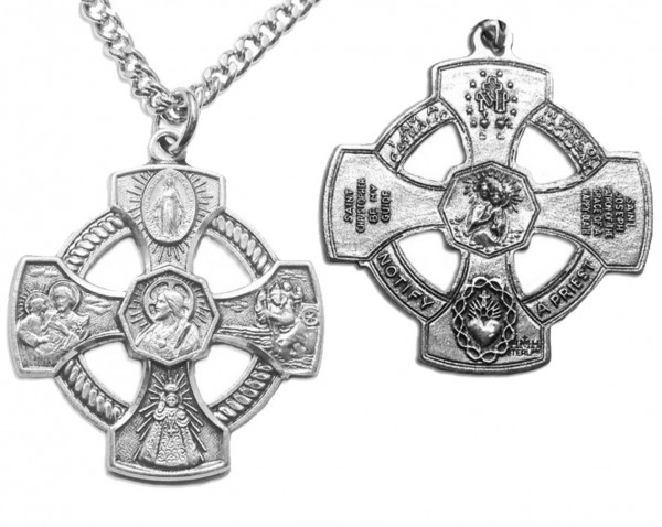 Men's Infant of Prague 4 Way Cross Necklace with Chain Options - 24&quot; 3mm Stainless Steel Endless Chain