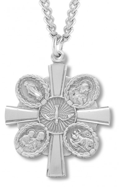 Men's Sterling Silver Unique Two Sided 5 Way Cross Necklace with Chain Options - 24&quot; 3mm Stainless Steel Chain + Clasp