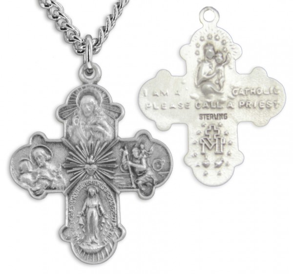 Men's Sterling Silver 4 Way Necklace with Sacred Heart Center with Chain Options - 24&quot; Sterling Silver Chain + Clasp