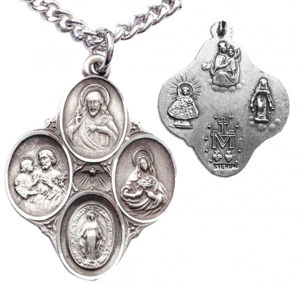Men's Sterling Silver Oval Medals with Dove Center 4 Way Necklace with Chain Options - 24&quot; Sterling Silver Chain + Clasp