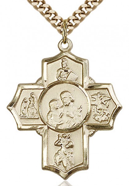 5 Way Cross Firefighter Medal, Gold Filled - 24&quot; 2.4mm Gold Plated Chain + Clasp