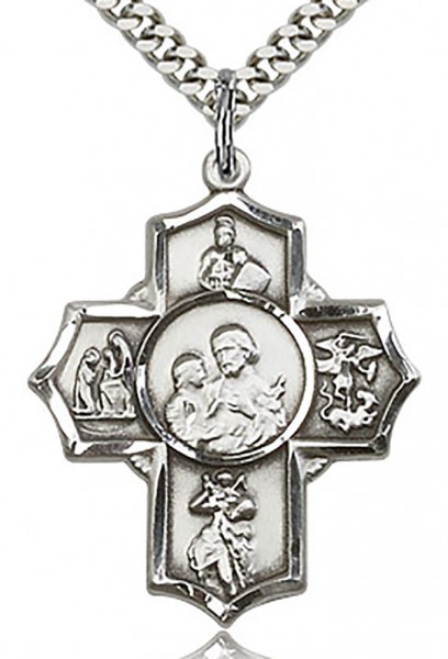 5 Way Cross Firefighter Medal, Sterling Silver - 24&quot; 2.2mm Sterling Silver Chain + Clasp