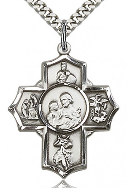 5 Way Cross Firefighter Medal, Sterling Silver - 24&quot; 2.4mm Rhodium Plate Chain + Clasp