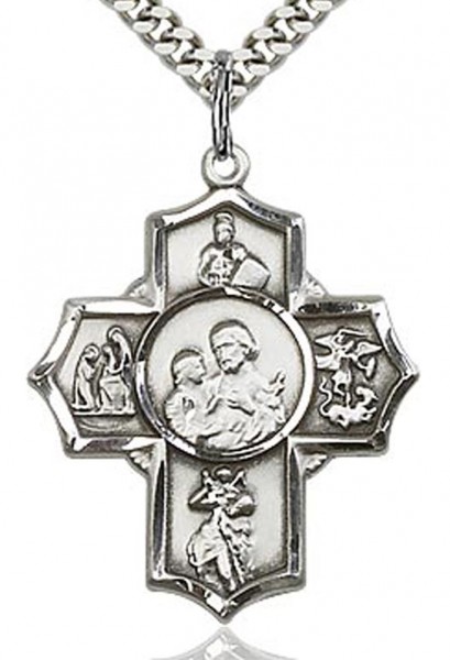 5 Way Cross Firefighter Medal, Sterling Silver - 24&rdquo; 1.7mm Sterling Silver Chain &amp; Clasp