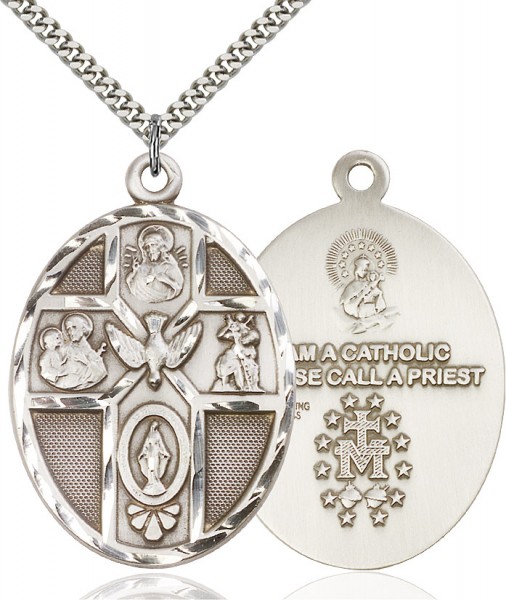 5 Way Cross Holy Spirit Medal, Sterling Silver - 24&quot; 2.2mm Sterling Silver Chain + Clasp