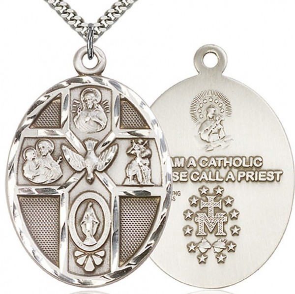 5 Way Cross Holy Spirit Medal, Sterling Silver - 24&quot; 2.4mm Rhodium Plate Chain + Clasp