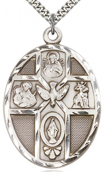 5 Way Cross Holy Spirit Medal, Sterling Silver - 24&rdquo; 1.7mm Sterling Silver Chain &amp; Clasp
