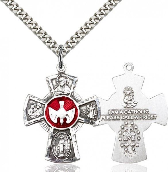 5 Way Cross Pendant, Sterling Silver - 24&quot; 2.2mm Sterling Silver Chain + Clasp