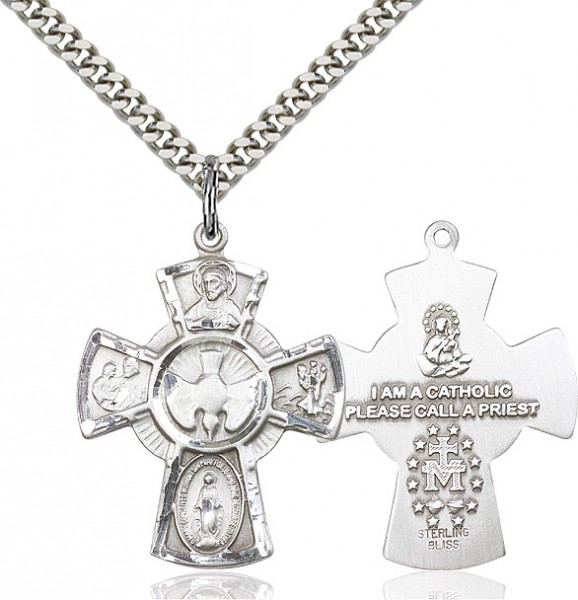 5 Way Cross Pendant, Sterling Silver - 24&quot; 2.2mm Sterling Silver Chain + Clasp