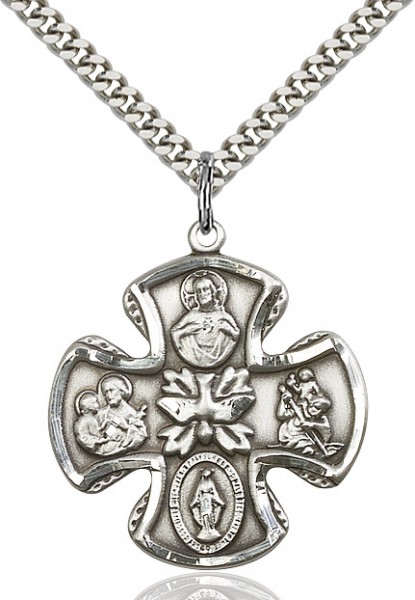 5 Way Cross Pendant, Sterling Silver - 24&quot; 2.2mm Sterling Silver Chain + Clasp