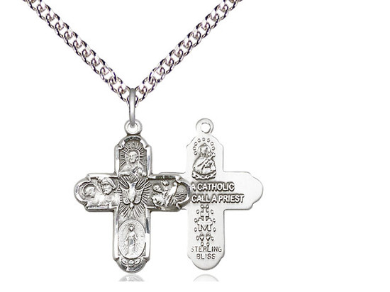 5 Way Cross Pendant, Sterling Silver - 27&quot; 2.5mm Sterling Silver Endless Chain 