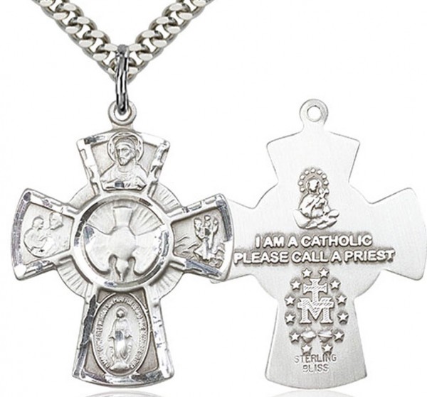 5 Way Cross Pendant, Sterling Silver - 24&quot; 2.4mm Rhodium Plate Endless Chain