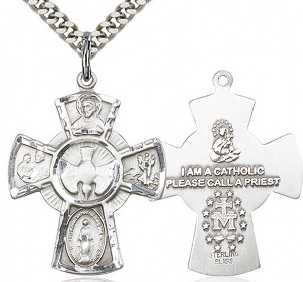 5 Way Cross Pendant, Sterling Silver - 24&quot; 2.4mm Rhodium Plate Chain + Clasp
