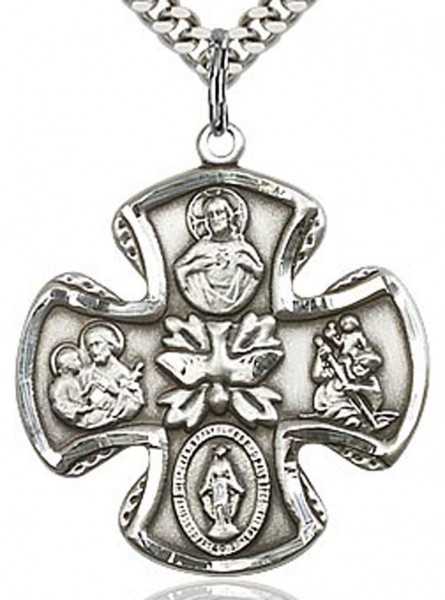 5 Way Cross Pendant, Sterling Silver - 24&quot; 2.4mm Rhodium Plate Chain + Clasp