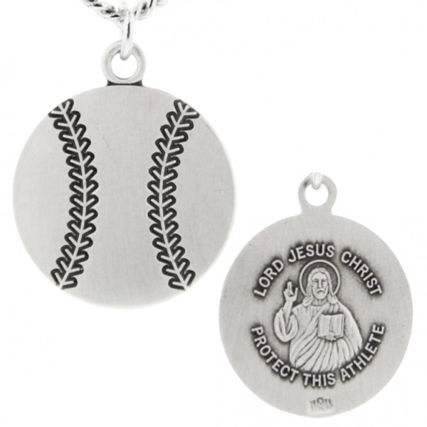 Baseball Shape Necklace with Jesus Figure Back in Sterling Silver - 24&quot; 3mm Stainless Steel Endless Chain