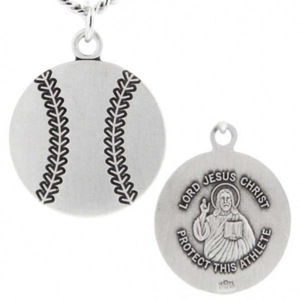 Baseball Shape Necklace with Jesus Figure Back in Sterling Silver - 24&quot; 2.4mm Rhodium Plate Chain + Clasp