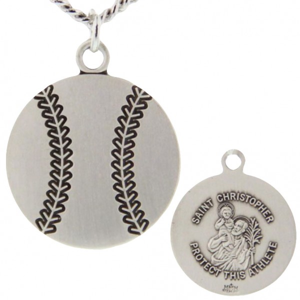 Baseball Shaped Necklace with Saint Christopher Back in Sterling Silver - 20&quot; 2.2mm Stainless Steel Chain with Clasp