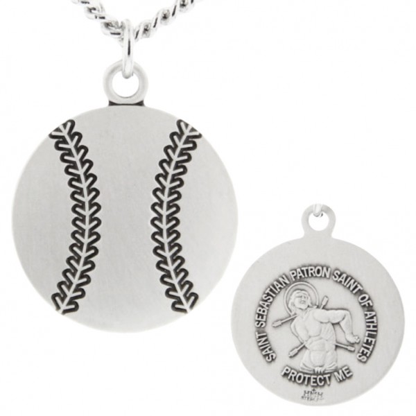 Baseball Shaped Necklace with Saint Sebastian Back in Sterling Silver - 24&quot; 2.4mm Rhodium Plate Endless Chain