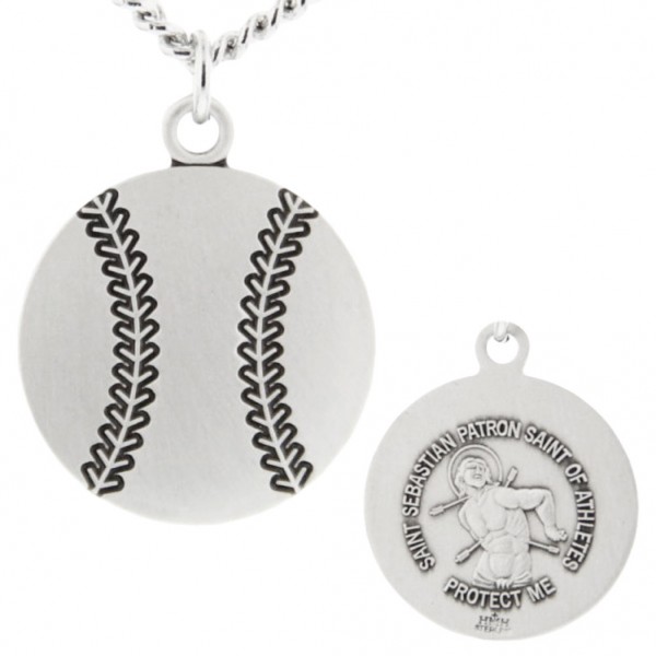 Baseball Shaped Necklace with Saint Sebastian Back in Sterling Silver - 24&quot; 3mm Stainless Steel Endless Chain