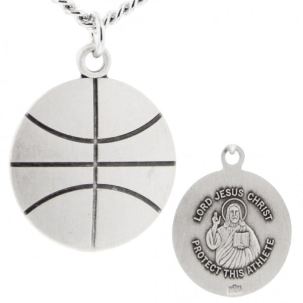 Basketball Shape Necklace with Jesus Figure Back in Sterling Silver - 24&quot; 2.4mm Rhodium Plate Chain + Clasp