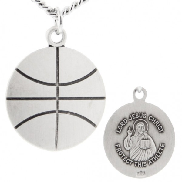 Basketball Shape Necklace with Jesus Figure Back in Sterling Silver - 20&quot; 2.2mm Stainless Steel Chain with Clasp