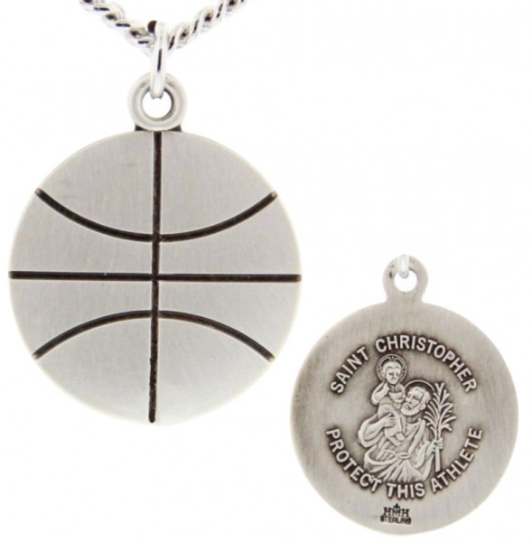 Basketball Shaped Necklace with Saint Christopher Back in Sterling Silver - 24&quot; 2.4mm Rhodium Plate Chain + Clasp
