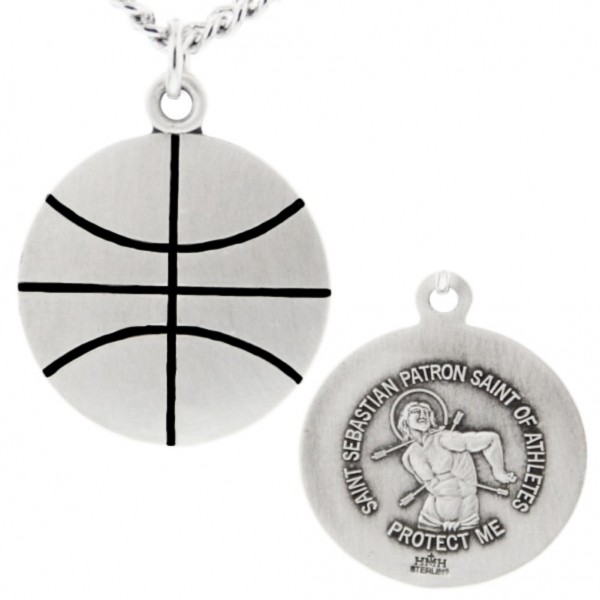 Basketball Shaped Necklace with Saint Sebastian Back in Sterling Silver - 20&quot; 2.25mm Rhodium Plated Chain with Clasp