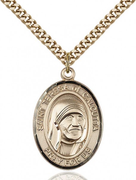 St. Teresa of Calcutta Medal, Gold Filled, Large - 24&quot; 2.4mm Gold Plated Chain + Clasp