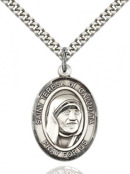 St. Teresa of Calcutta Medal, Sterling Silver, Large - 24&quot; 2.4mm Rhodium Plate Chain + Clasp