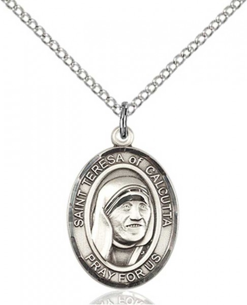 St. Teresa of Calcutta Medal, Sterling Silver, Medium - 18&quot; 1.2mm Sterling Silver Chain + Clasp