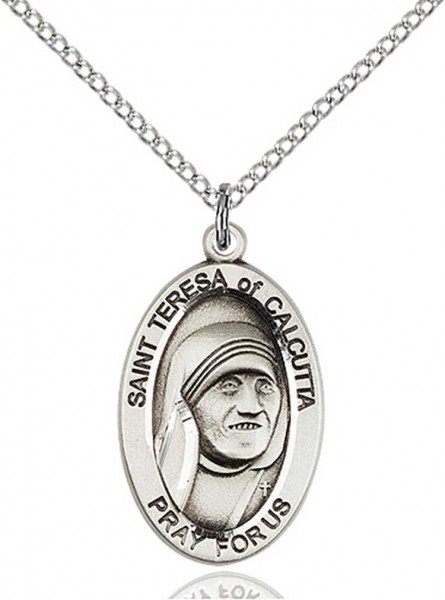 St. Teresa of Calcutta Medal, Sterling Silver - 18&quot; 1.2mm Sterling Silver Chain + Clasp