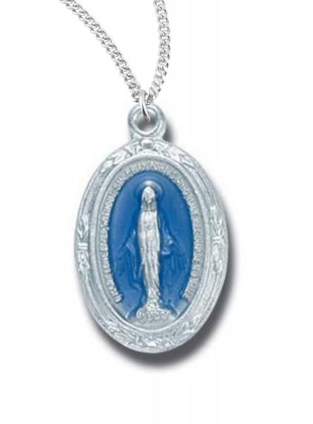 Women's Blue Sterling Silver Oval Miraculous Necklace with Chain Options - 18&quot; 1.8mm Sterling Silver Chain + Clasp