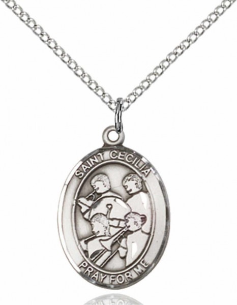 Boy's Pewter Oval St. Cecilia Marching Band Medal - 18&quot; Rhodium Plated Medium Chain + Clasp