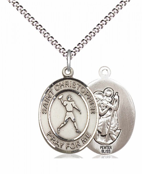 Boy's Pewter Oval St. Christopher Football Medal - 18&quot; Rhodium Plated Medium Chain + Clasp